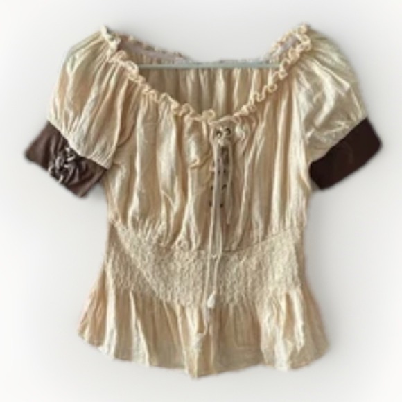 belle poque Tops - Women’s Cream Peasant Blouse with Brown Sleeve Accents